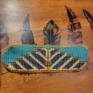 Handmade Beaded Bracelet Gold Teal Tie Closure Geometric
